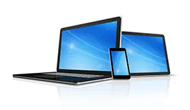 Bild på en laptop, pekskärm och smartphone